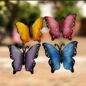 Set of 4 Metal 7.5” Butterfly Wall Decor Hanging Garden Pink Blue Purple Yellow